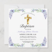 Elegante Gold Cross Lavender Boy Taufe Karte (Vorderseite)