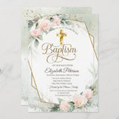 Elegante Gold Cross Rosa Roses Taufe Einladung (Vorne/Hinten)
