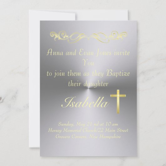 Elegante Gold Cross Taufe auf Metall Hintergrund I Einladung (Rückseite)