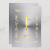 Elegante Gold Cross Taufe auf Metall Hintergrund I Einladung (Vorne/Hinten)