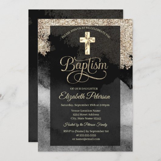 Elegante Gold Cross Taufe Einladung (Vorne/Hinten)