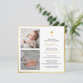 Elegante Gold Cross Taufe | Moderne Schrift Einladung (Stehend Vorderseite)