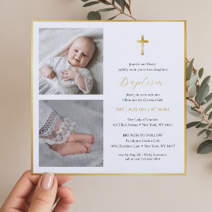 Elegante Gold Cross Taufe   Moderne Schrift Einladung