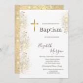 Elegante Gold Cross Taufen Gold Glitzer Confetti Einladung (Vorne/Hinten)
