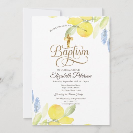 Elegante Gold Cross Watercolor Lemons Einladung (Vorderseite)
