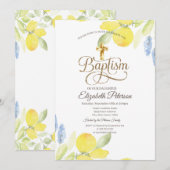 Elegante Gold Cross Watercolor Lemons Einladung (Vorne/Hinten)
