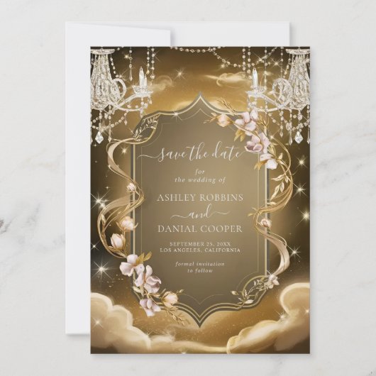 Elegante Gold Crystals Chandelier Save the Date Einladung (Vorderseite)