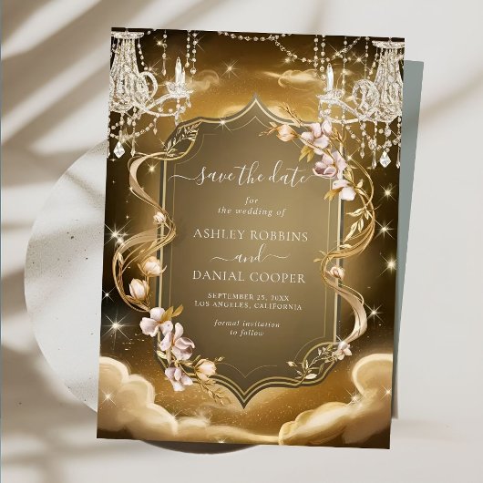 Elegante Gold Crystals Chandelier Save the Date Einladung