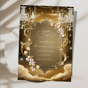 Elegante Gold Crystals Chandelier Wedding RSVP Karte
