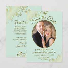 Elegante Gold Curls & Foto Neo Mint Green Wedding Save The Date