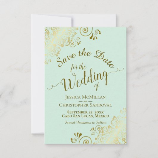 Elegante Gold Curls & Wirbel auf Mint Green Weddin Save The Date (Vorderseite)