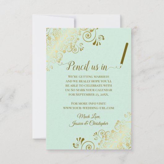 Elegante Gold Curls & Wirbel auf Mint Green Weddin Save The Date (Rückseite)