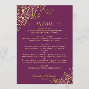 Elegante Gold Curls & Wirbel Magenta Plum Wedding Menükarte