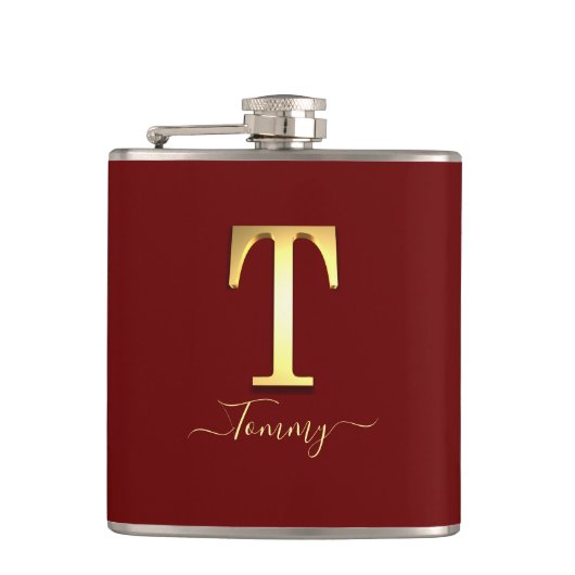 Elegante Gold Custom Monogram T Name Flask Flachmann (Vorderseite)