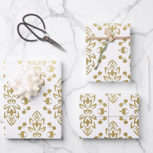 Elegante Gold Damask Blumenmuster Hochzeit Geschenkpapier Set (Vorderseite)
