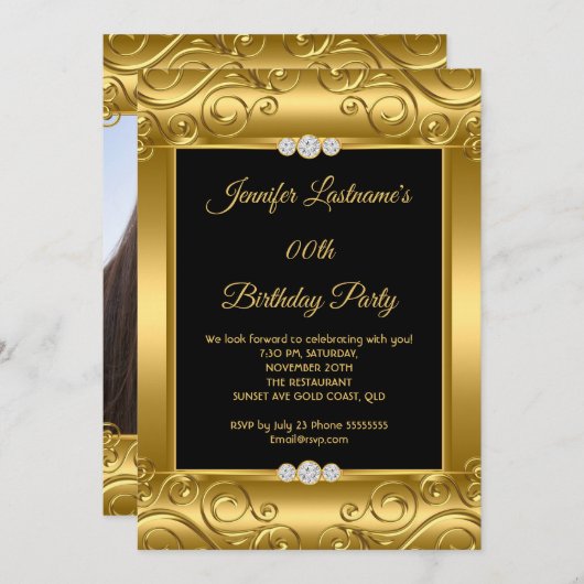 Elegante Gold Damask Foto Geburtstagsparty Einladung (Vorne/Hinten)