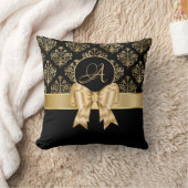 Elegante Gold Damask Monogramm auf schwarz Kissen (Decke)