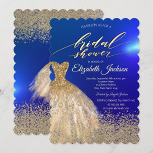 Elegante Gold-Diamanten-Kleid Blaue Bridal-Shower- Einladung