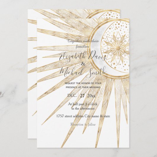 Elegante Gold Doodles Sun Moon Mandala Wedding Einladung (Vorne/Hinten)