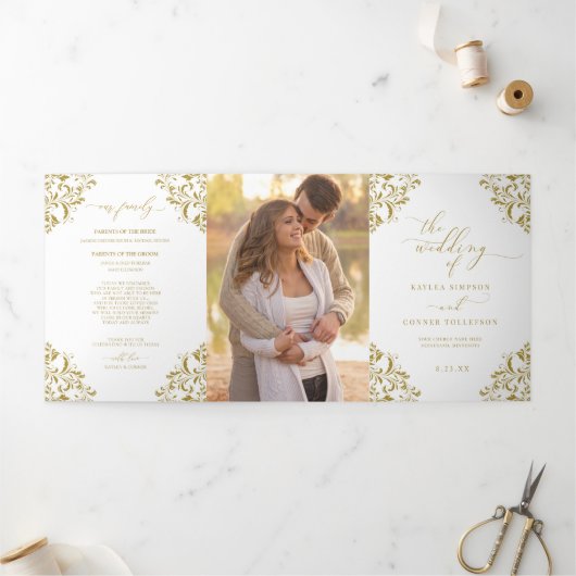 Elegante Gold Dreifach-Hochzeitskalender Dreifach-gefaltete Programmkarte (Außenbereich)