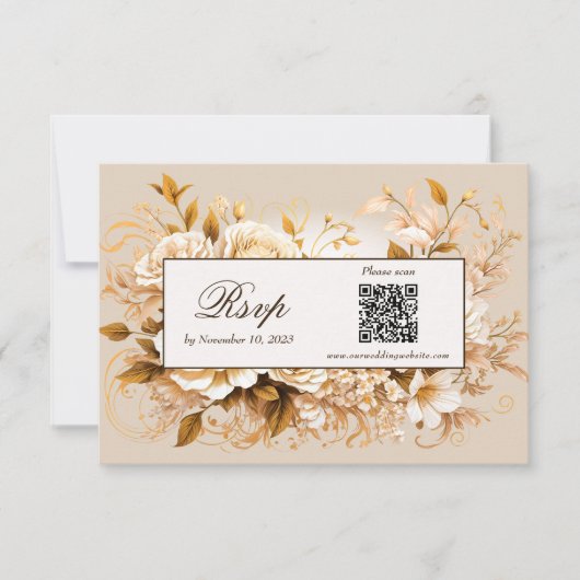 Elegante Gold & Elfenbeinflora QR Code RSVP Card Karte (Vorderseite)