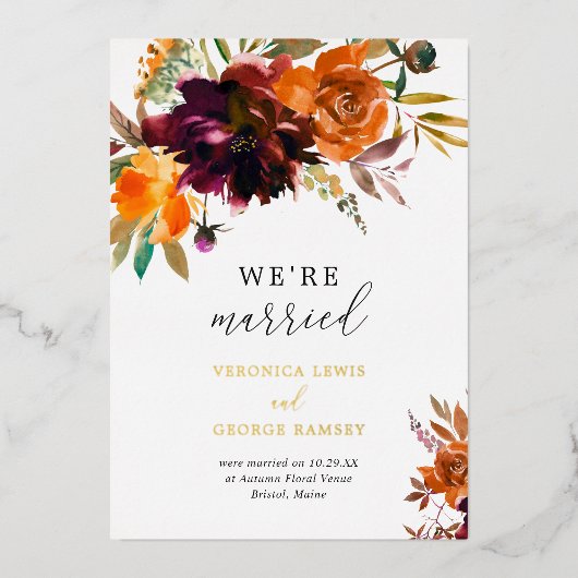 Elegante Gold Fall Floral Rustikale Hochzeitsempfe Folieneinladung (Vorderseite)