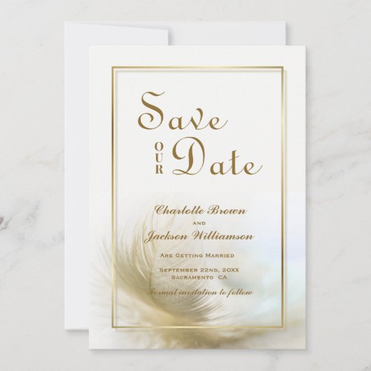 Elegante Gold Feather Wedding Save the Date (Vorderseite)