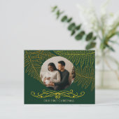 Elegante Gold Fern Rahmen Grün unsere ersten Weihn Postkarte (Stehend Vorderseite)