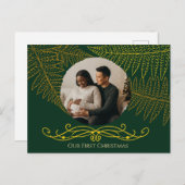 Elegante Gold Fern Rahmen Grün unsere ersten Weihn Postkarte (Vorne/Hinten)