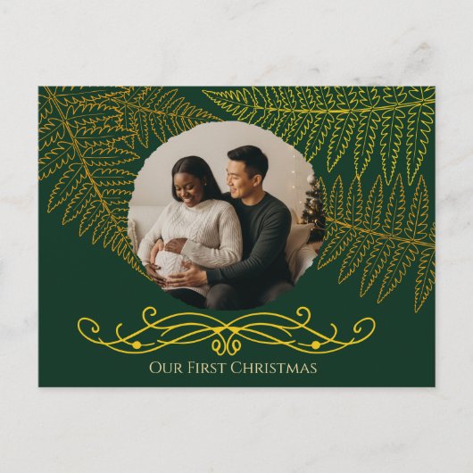 Elegante Gold Fern Rahmen Grün unsere ersten Weihn Postkarte (Vorderseite)