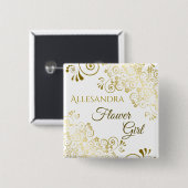 Elegante Gold Filigree Flower Girl Wedding Name Ta Button (Vorne & Hinten)