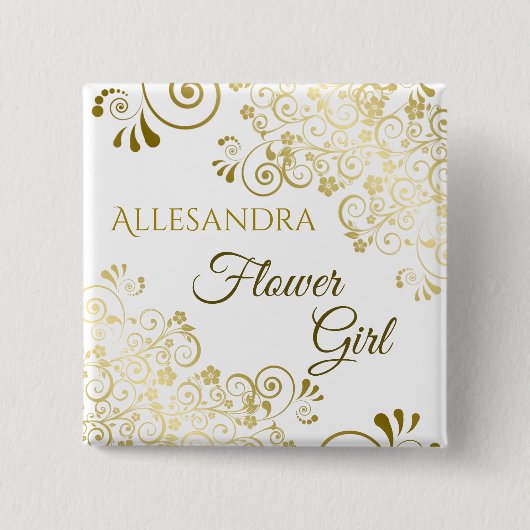 Elegante Gold Filigree Flower Girl Wedding Name Ta Button (Vorderseite)