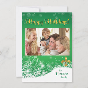 Elegante Gold Fleur Green Holiday Custom Foto Card Feiertagskarte