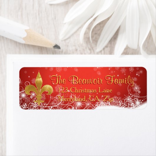 Elegante Gold Fleur Red Holiday Address Labels (Insitu)