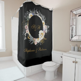 Elegante Gold Floral auf Black Monogram Wedding Duschvorhang
