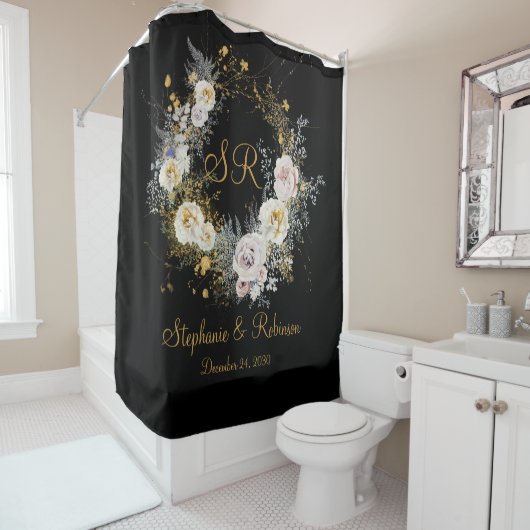 Elegante Gold Floral auf Black Monogram Wedding Duschvorhang (Beispiel)