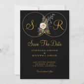 Elegante Gold Floral auf Black Monogram Wedding Save The Date (Vorderseite)