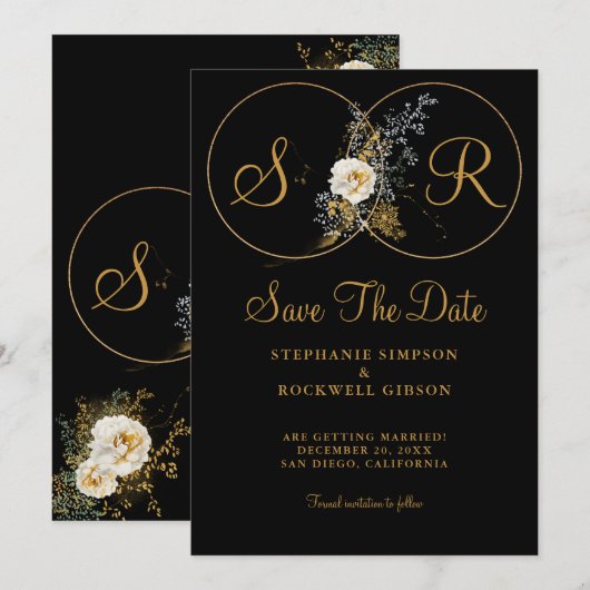Elegante Gold Floral auf Black Monogram Wedding Save The Date (Vorne/Hinten)