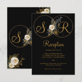 Elegante Gold Floral auf Schwarz Monogramm Einladung