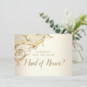 Elegante Gold Floral Damask Script-Trauzeugin Einladung (Stehend Vorderseite)