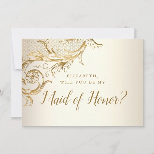 Elegante Gold Floral Damask Script-Trauzeugin Einladung (Vorderseite)