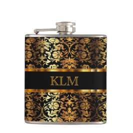 Elegante Gold Floral Damask und Black Flachmann