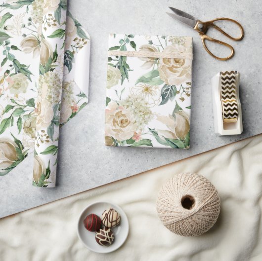 Elegante Gold Floral Etching Creme Aquarell Rose Geschenkpapier (Kunsthandwerk)