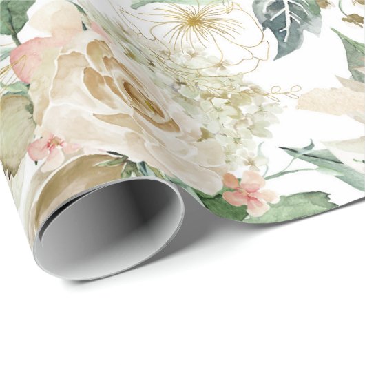 Elegante Gold Floral Etching Creme Aquarell Rose Geschenkpapier (Rolleneckpunkt)