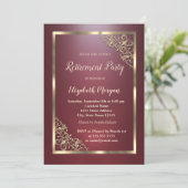 Elegante Gold Floral Frame Red Retirement Einladung (Stehend Vorderseite)