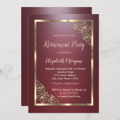 Elegante Gold Floral Frame Red Retirement Einladung (Vorne/Hinten)