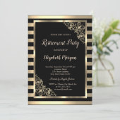 Elegante Gold Floral Frame Striping Retirement Einladung (Stehend Vorderseite)