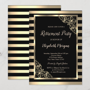Elegante Gold Floral Frame Striping Retirement Einladung