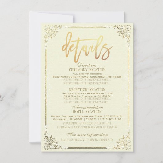 Elegante Gold Floral Frame Wedding Route Detail Einladung (Vorderseite)