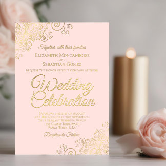 Elegante Gold Floral Frills auf Blush Pink Wedding Folieneinladung